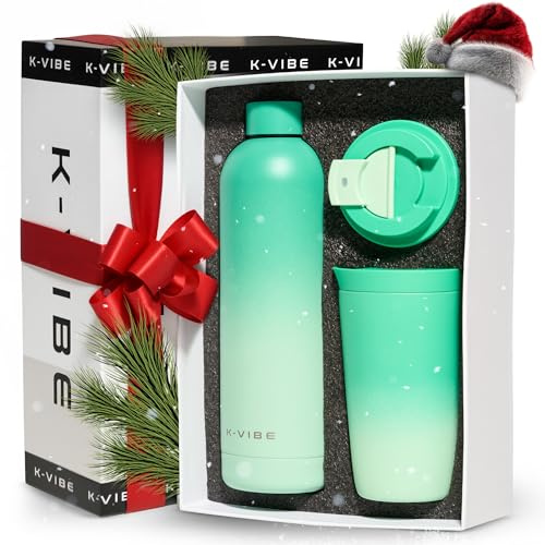 Thermobecher 350ml & Edelstahlflasche Geschenkset | Thermo-Kaffee-Becher mit Quick-Press Deckel | rutschfester Boden, BPA-freier Isolierbecher Coffee-Cup to Go | Für Büro, Uni & Alltag | K-VIBE