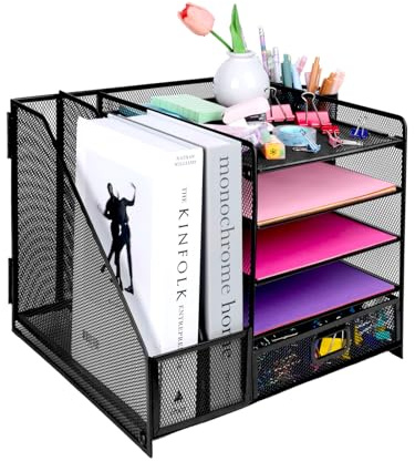 EasyOFC Organiseur de documents de bureau, vassoir à lettres à 5 niveaux, porte-objets en maille avec tiroir, 2 porte-stylos, porte-revues pour fournitures de bureau, noir