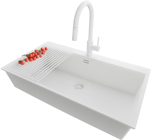 PRIMAGRAN Lavandino da Cucina al Mobile 90cm + Rubinetto, 88x50cm | Set: Rubinetto BW9010 + Kit di scarico + Scolapasta avvolgibile + Lavello in Granito a 1 Vasca - Oslo 90 Top, Tutto Bianco