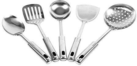 Akozon Ensemble d'ustensiles de Cuisine en Acier Inoxydable – 5 Outils de Cuisine Multifonctionnels Comprenant une Cuillère, une Cuillère à Soupe, une Passoire, un Plat et une Spatule – Ensembles