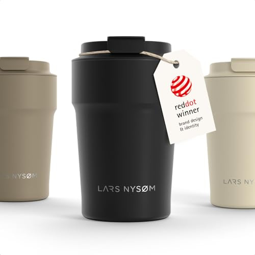 LARS NYSØM Thermo Kaffeebecher to go 0,38 l | Auslaufsicherer Travel Mug mit Isolierung | Rutschfester Boden | Edelstahl Thermobecher für Kaffee und Tee unterwegs (Carbon Black - Powder, 380ml)