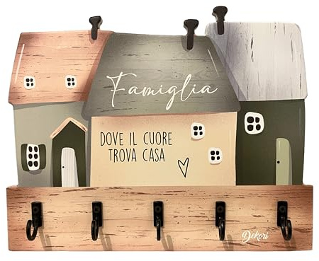 DEKORI Appendichiavi da Parete in Legno Country – 5 Ganci in Metallo – Decorazione Casa Ingresso – Montaggio con Viti o Biadesivo