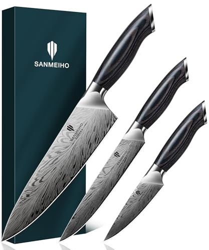 SANMEIHO Set de Cuchillos de Cocina de Acero en Polvo, 3 Piezas Juego de Cuchillos de Cocina Súper Afilado y Duro, Mango de Madera Ergonómico, Cuchillo de Chef, Cuchillo Universal y Cuchillo de Pelar