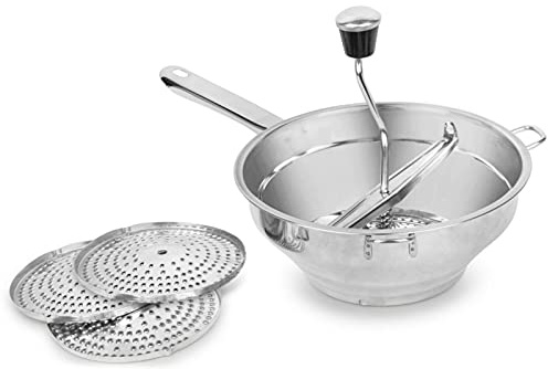 Stainless Steel Food Mill with 3 Grinding Discs for Mashing Fruits Veggies Soup Sauce Jams Canned Foods Hand Crank Soft Handle Practical Kitchen Tool