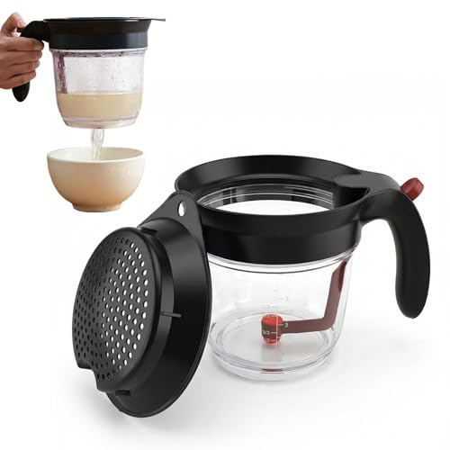 Fettabscheider für Soßen 1000ml Fetttrennkanne mit Druckauslass Fettkanne Doppelfiltrations Fetttrenner Soßentrenner Suppenölabscheider für Wasser öl Trennung Filtern Speiseresten, PP, Transparent