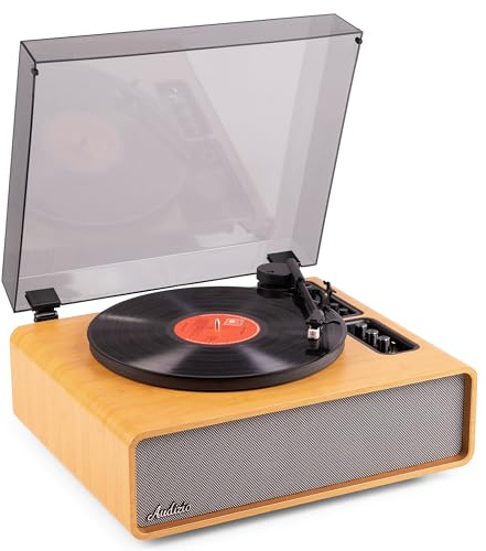 Audizio Laredo – Tocadiscos de Vinilo Bluetooth con Altavoces HiFi 160W, cápsula Audio Technica, Gira Discos con Plato de 29 cm, giradiscos Vinilo con RCA y BT in/out, Acabado en bambú