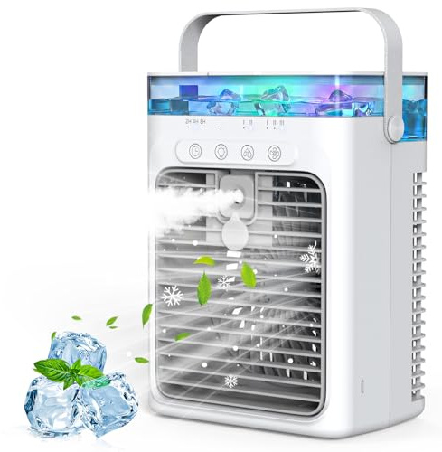 Condizionatore Portatile Senza Tubo 4 in 1, Mini Condizionatore Portatile, Climatizzatore Portatilere USB, 3 Velocità, 2 Modalità Spray, Serbatoio 1000ML, Timer 2/4/8H, Silenzioso per Casa e Campeggio