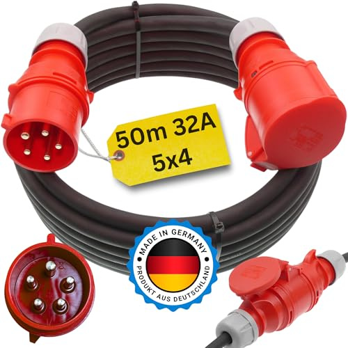 Starkstromkabel 32A 50m H07RN-F 5x4 Starkstrom Verlängerungskabel CEE Verlängerung 32 Ampere Kabel 5x4mm2 Baustelle Werkstatt Industrie Geeignet Outdoor IP44 Spritzwassergeschütz