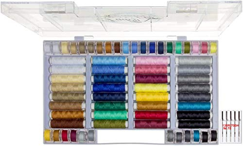 64-teiliges Nähset: 32 Rollen und 32 Spulen Nähgarn für die Nähmaschine, in verschiedenen Farben, aus 100% Polyester + 5 UNIVERSAL-Nähmaschinennadeln
