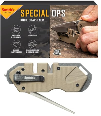 Smith's 50980 Pocket Pal Taktischer Messerschärfer – Desert Tan – 2-stufiger Schärfer & Diamant-Schärfer – Taschenclip – Jagdmesser und Hakenschärfer – kompakt und leicht