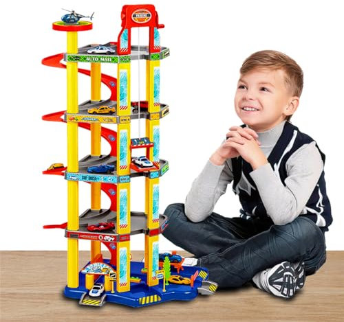 koolbitz 4-Storey Parking Lot Toy Set Garage with Cars, Building Blocks for Kids, Rotate-to-Raise Lift, Car Wash, Curved Ramps, Fuel Pumps, Skill Educational Gift For Kids