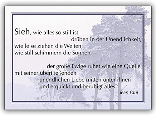 Druck von 12 Todesanzeigen: Stille innen ihr Text. Motiv:Sieh, wie alles so still ist drüben in der Unendlichkeit. den modern gestalteten Text drucken wir innen - zzgl 12 Papier Einleger weiß