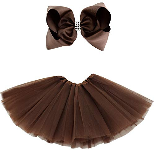 BGFKS 5 Layered Tulle Tutu Skirt for Girls with Hairbow, Ballet Dressing Up Kid Tutu Skirt (Coffee, 8-15 Years Old)