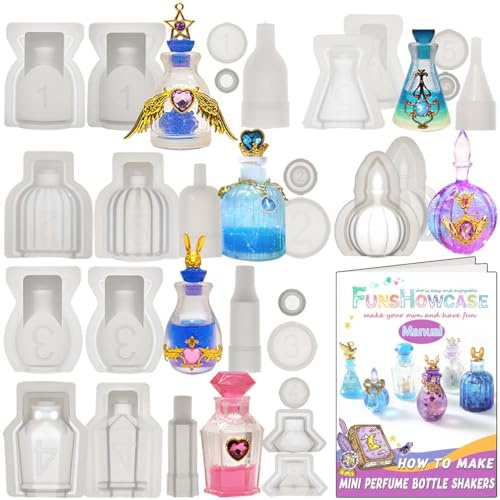 Mini Parfümflasche Silikonform mit Stopfen, kleine Flasche Epoxidharz Formen für Schmuck, Anhänger, Schlüsselanhänger, Ohrringe, Halskette, Verzierung, DIY Handwerk, Fertighöhe:3.7-5.3cm, 6 teilig