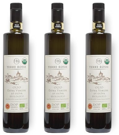 Terre Rosse - Olio Extravergine di Oliva Biologico Spremuto a Freddo - Monocultivar Moraiolo - Certificazioni DOP Umbria Colli Assisi Spoleto e Kosher/P - Campagna Olearia 2024-3 Bottiglie 750 ml