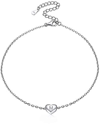 ChicSilver 925 Silber Alphabet 22cm Fußkettchen mit Herzanhänger A-Z 26 Buchstabe Sommer Fußband mit Geschenkbox für Damen und mädchen