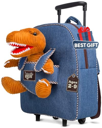 Naturally KIDS Dinosaur Backpack with Wheels - Kids Suitcase on Wheels for Boys Girls w Stuffed Animal - Children's Luggage