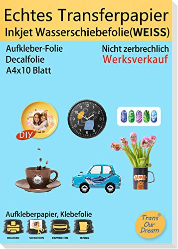 TransOurDream A4X10 Blatt, ECHTE Inkjet Wasserschiebefolie(WEISS),für Tintenstrahldrucker,Kerzentattoos,für Nagelkunst,Tassen,Keramik, Glas, Metall, Nassschiebefolie,water slide paper