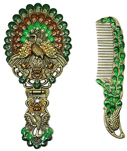Handspiegel mit einzigartigem Kamm, Vintage-Stil, Handspiegel, faltbar, Retro, tragbar, grüner Pfau, Make-up-Spiegel, Metall, Kommode, Bronze, Kosmetikspiegel, Geschenk für Mädchen