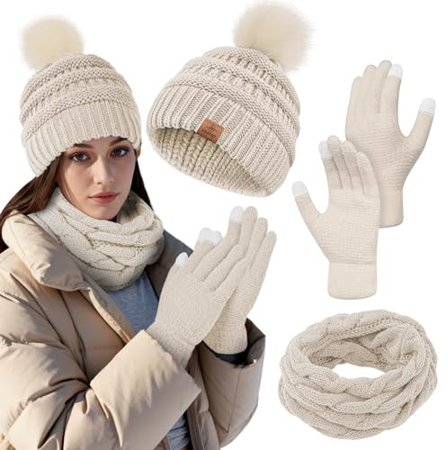 URATOT Winter Warme Stricksets Strickmütze Mütze Schal Gesichtsabdeckung Touchscreen Handschuhe Set für Männer Frauen