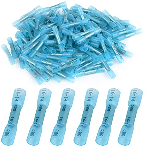 130 Pieces Heat Shrink Butt Connectors Kit, 16-14 AWG Blue Insulated Waterproof Electrical Wire Connectors Automotive Wire Crimp Terminals Butt Splices