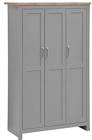 Timber Art Design UK Lisbon 3 Door Wardrobe Modern Almirah Storage Cupboard Organiser Unit With Shelving, Hanging Space, Bedroom Furniture with Chrome Handles - Light Grey