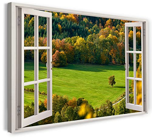 Printistico Bilder Fensterblick 100x70cm Baumwoll-Leinwand auf Keilrahmen mit Aufhänger moderner Kunstdruck XXL Wandbilder Wand-Dekoration Feld Wald Bäume Gras Landschaft - Natur-Fotografie