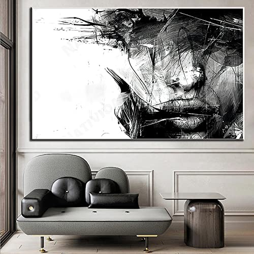 Leinwandbild XXL Abstrakte Kunst Schwarz-Weiß-weibliches Gesicht Leinwandmalerei Wandkunst Poster HD-Druckbild für Schlafzimmerdekor 80x120cm Rahmenlos