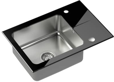 QUADRON Evier en verre Evier noir cuisine | Taille 64 x 44 x 19 cm, Couleur : Noir | HUGH 116 Verre trempé Evier monocuve | evier cuisine 1 bac | Evier de cuisine simple en acier inoxydable