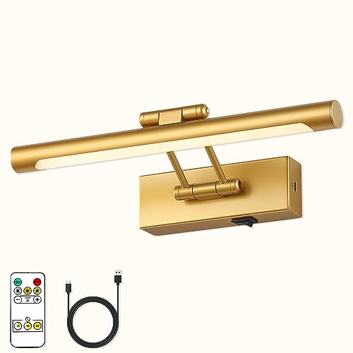 7Degobii Battery Operated Picture Lights with Remote and Timer,Wireless Art Light for Paintings with Adjustable Swing Arm Gold Gallery Lights 12in Rechargeable Wall Sconce