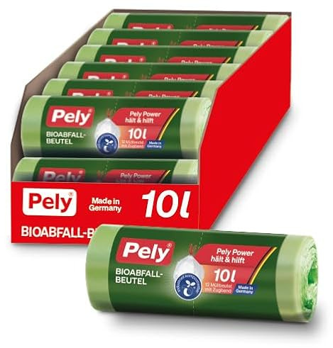 PELY Bio Kompostbeutel 10 Liter, Vorteilspack (16 x 12 Stück), biologisch abbaubare Abfallbeutel, extra reißfest & dicht, perfekt für Biomüll in der Küche