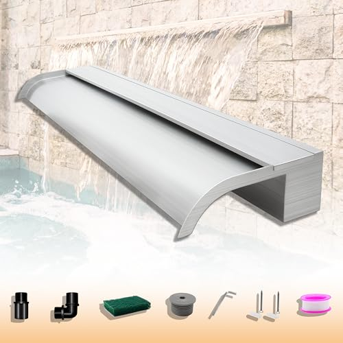 LONGRUNNEW Kit Cascata Piscina Laghetto, Curvo Lame per Fontana da Giardino Esterno in Acciaio Inossidabile con Accessori, Decorazione Laghetto da Giardino Patio (Lunghezza 90cm, Larghezza 18cm)
