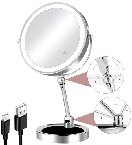 FFowcye 8 Foldable 10X Magnifying Mirror with Light, Storable Base, Chrome | Adjustable Height & Brightness, Rechargeable Battery, 3 Color Lighting, 360° Rotation, No Distortion, Flexible Viewing Angles