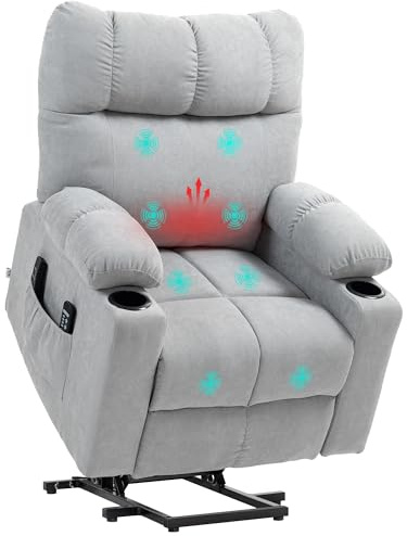 HOMCOM Fernsehsessel mit Aufstehhilfe Fußteil 60 cm Breite Sitz Hellgrau | Elektrisch Relaxsessel, Liegefunktion, Wärmefunktion, Massagesessel, Fernbedienung, Becherhalter, Seitentasche, Samtoptik