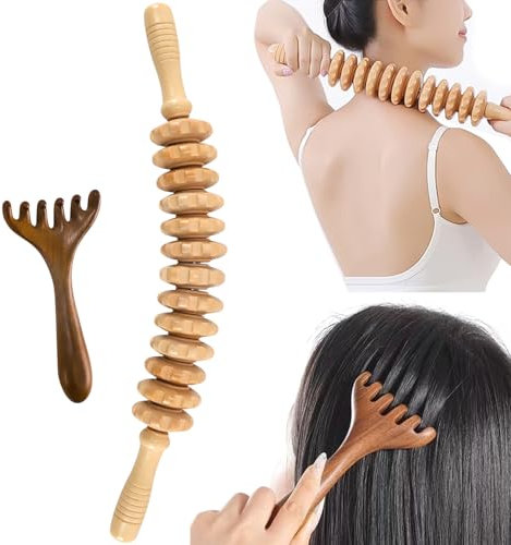 Faszienrolle Holz & Kopfmassagekamm Set, Holz Anti Cellulite Massagegerät, Faszienstab holz Lymphdrainage Holz Therapie Massage Tool