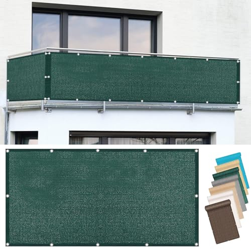 Balkon Sichtschutz mit Ösen 90 x 925 cm Uv-Schutz, Windschutz Balkonumspannung Balkonverkleidung Reißfest, mit Ösen Kabelbinder Sichtschutz für Garten Balkon Terrasse, Dunkelgrün