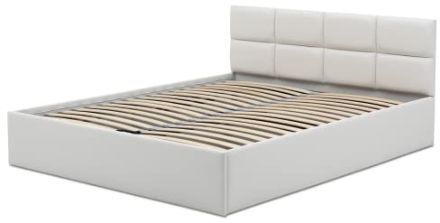 Mebligo - Polsterbett Kunstleder 180x200 mit Bettkasten, Bettgestell, Doppelbett mit Lattenrost, Schlafzimmer Bett mit Kopfteil, Stauraumbett Monos, Bett Ohne Matratze - Weiß