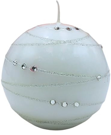 Élégante bougie sphérique, bougie de table, bougie décorative en cire avec motif de pierre précieuse, bougie décorative en forme de boule de 8 cm, rayures argentées, en blanc.