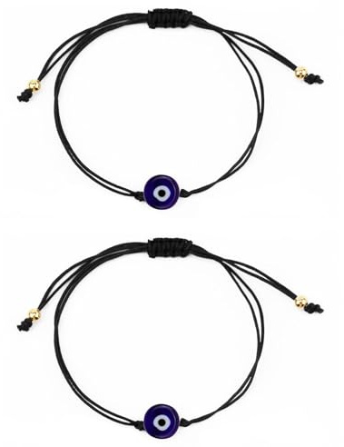 Teuena 2 Pcs Evil Eye Bracelets for Women & Men, Adjustable Evil Eye Good Luck Jewelry in Black Strings, Protection Couple Friendship Family Lucky Charm Gifts for Birthday Holiday