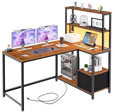 HOOBRO L Shaped Gaming Desk, 46 Inch Reversible Computer Desk with LED Light & Power Outlet, Office Desk with Storage Shelves & Drawer, for Home Office, Study, Rustic Brown and Black BF18UDDN01