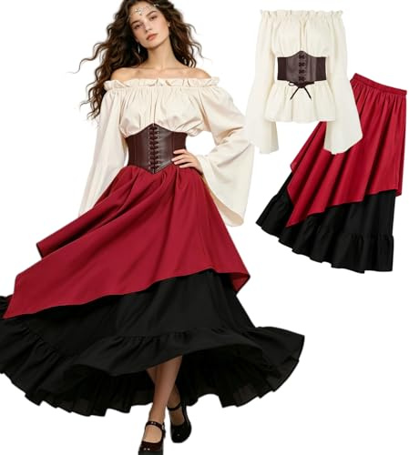 kasahara 5-delat set med medeltida kläder för kvinnor, retro off shoulder-blusklänning, renässansdräkt, viktoriansk maxidress med korsett, midjeväska, bälte, för karneval, maskerad (röd, storlek M)