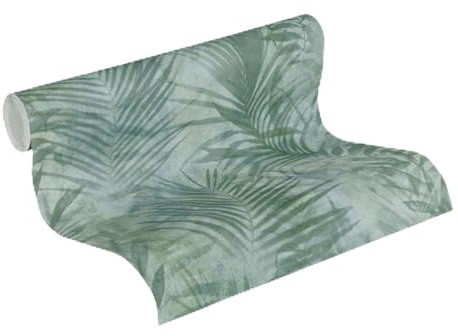 Livingwalls vorgeleimte Vliestapete DESIGNDROP - Tapezieren ohne Kleister - Grün, Blau - Tapete mit Palmen Blättern Made in Germany - 784521