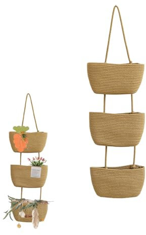 3-Tier Over the Door Hanging Basket Cotton Rope Woven Storage Basket Wall Mount Hanging Storage Organiser Bag with Hook, for Livingroom Kitchen Bedroom Decorative Hanging Basket (Brown)
