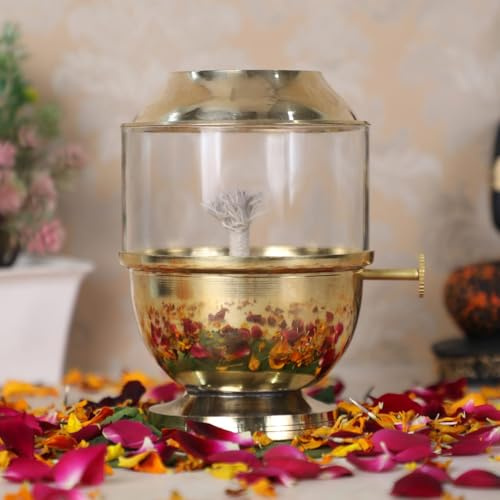 Akhand Jyot Diya aus reinem Messing mit Borosilikatglasabdeckung, großer verstellbarer Dochthebel, 250 ml Ölkapazität, 48 Stunden Brenndauer, authentische Öllampe für Gebet und Meditation – Gold