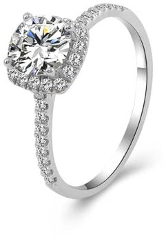 Silberring Damen 925 Silber Hochzeitsringe D Moissanit Runden, Ringe Quadratisch mit 1ct Moissanit Ringe Frauen Größe 53 (16.9)