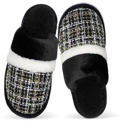 GOEWY Tofflor Kvinnor Män Vinter Plysch Mjuka Tofflor Bekväma Varma Hem Halkfria Hemskor Minne Skum Slippers Halkfria Yttersula Skor Inomhus Utomhus, Chic Black, 35/36 EU