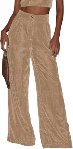 Pantalones rectos de terciopelo para mujer, con botones, pierna ancha, longitud hasta el suelo, con bolsillos, estilo casual, de color sólido, holgados, para fiestas y uso diario, albaricoque, L