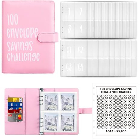 SRJQXH Budgetplaner A5, Leder Sparchallenge Budgetplaner, Rosa Budget Binder, mit 25 Blatt Vierfach-Kartenfolie und 100 Tagen Kartenpapier, Geld Sparen Challenge für Zuhause, Schule
