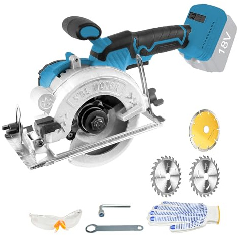 5 Zoll Akku-Kreissäge Kompatibel für 18V Akku, 6200RPM Professionelle Bürstenlose Kreissäge mit 3 Klingen, 0-45° Schnittwinkel für Holz Kunststoff Fliesenschnitt (Keine Batterie)