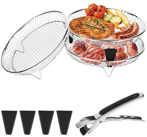 Trendecor 3 Stück Stapelbare Körbe für Heißluftfritteuse, 304 Edelstahl Gitter für Heißluftfritteuse Rund 20cm mit 4 Silikonfüßen 1 Pinzette für Ofen Mikrowelle Braten Backen